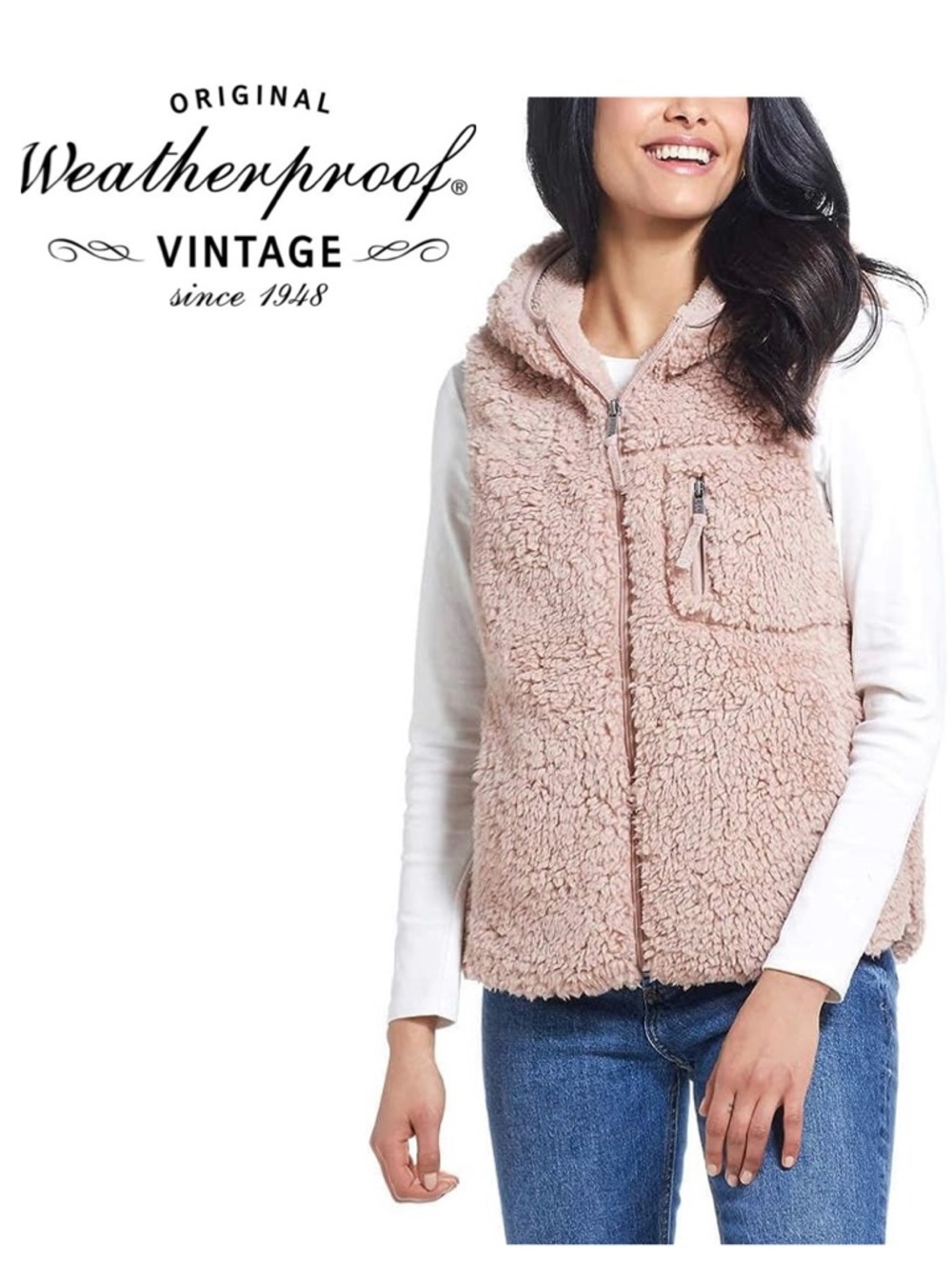 WEATHERPROOF VINTAGE Sherpa Hooded Vest Teddy Light Pink Mauve Rose Plush Wmn XS